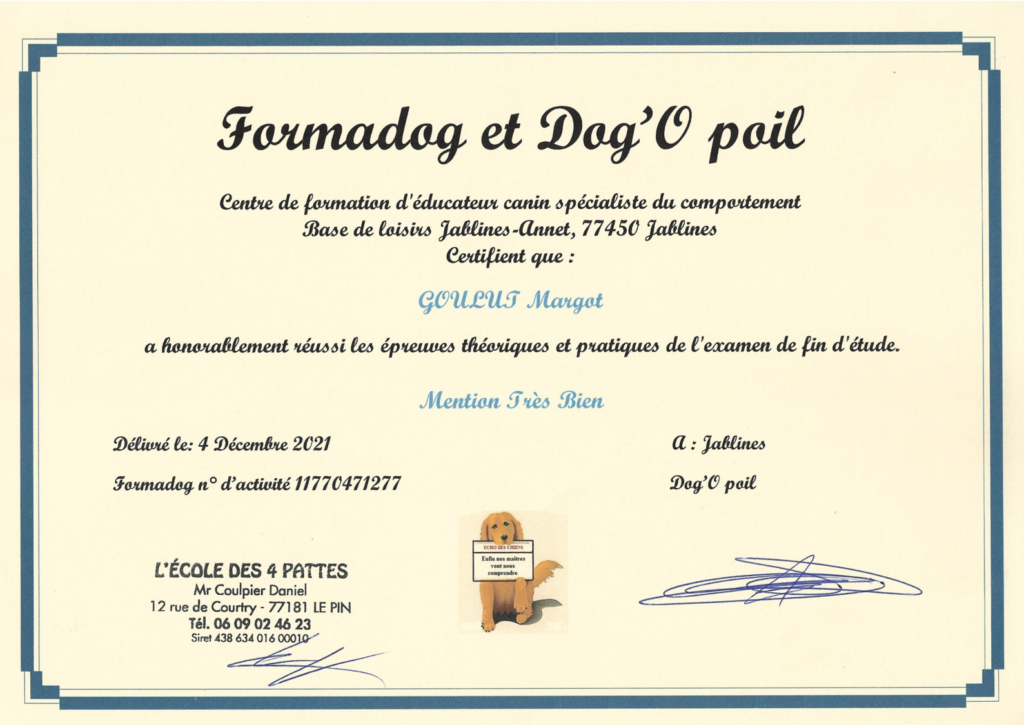 Diplôme d'éducateur canin comportementaliste de Margot GOULUT