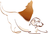 Logo minimaliste montrant en traits fins un chien au premier plan et la silhouette d'un loup qui hurle à l'arrière-plan, dans des tons marron et beige.