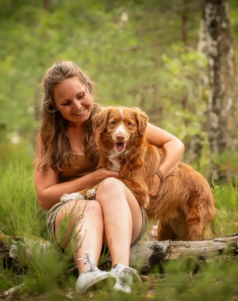 Femme souriante assise en forêt, enlaçant tendrement son Nova Scotia Duck Tolling Retriever à la robe rousse et blanche.